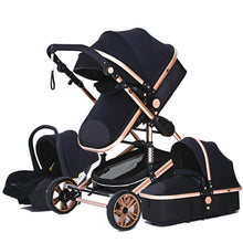 Black and rose gold 3-in-1 baby stroller with shock absorbers for a smoother ride.