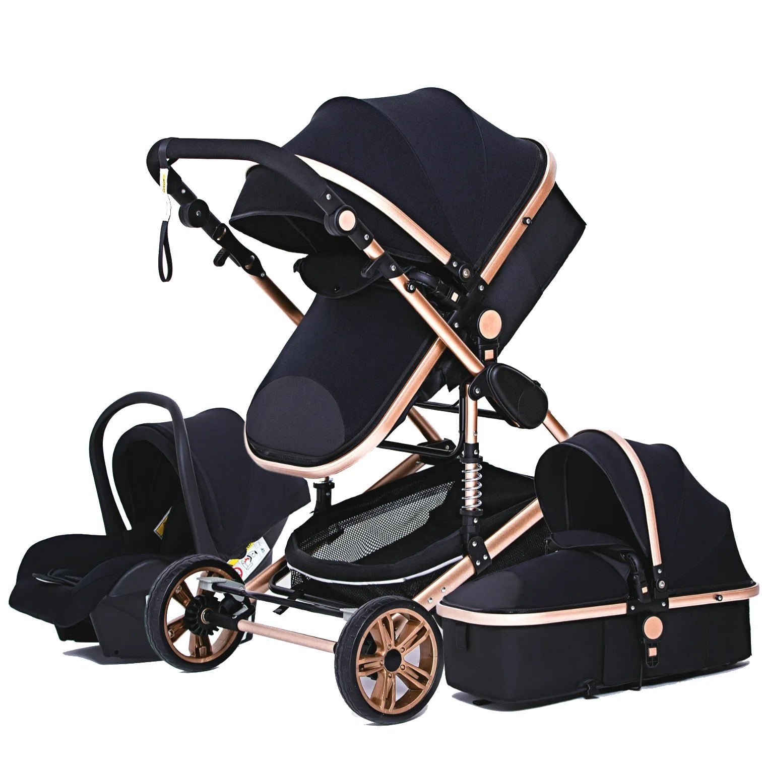 Black and rose gold 3-in-1 baby stroller with shock absorbers for a smoother ride.