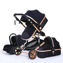 Black and rose gold 3-in-1 baby stroller travel system for stylish outings.
