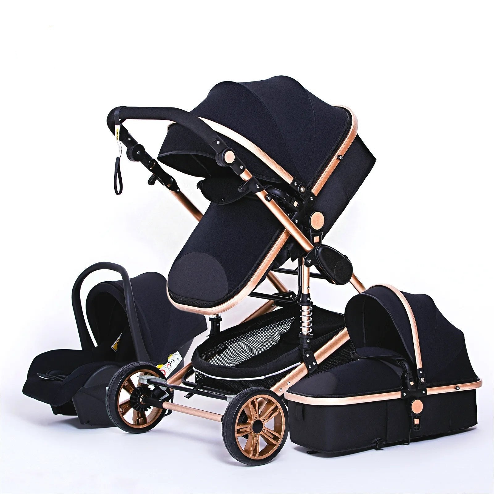 Black and rose gold 3-in-1 baby stroller travel system for stylish outings.
