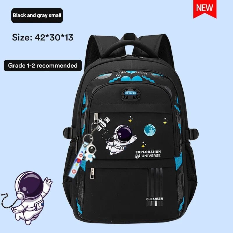 Black space theme kids orthopedic backpack for carrying daily school books, lunch, and stationery.