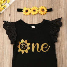 Black sunflower onesie with one text and matching headband for baby girl first birthday cake smash sessions.