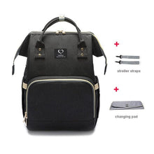 Black USB Large Capacity Nappy Bag with changing pad for nappy changes, travel, and hands-free parenting.