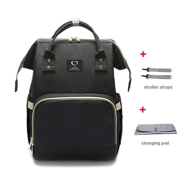 Black USB Large Capacity Nappy Bag with stroller straps for attaching to prams during shopping trips and walks.