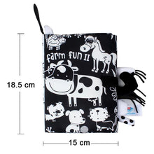 Black and white animal tail cloth book pouch with dimensions for high-contrast baby play.