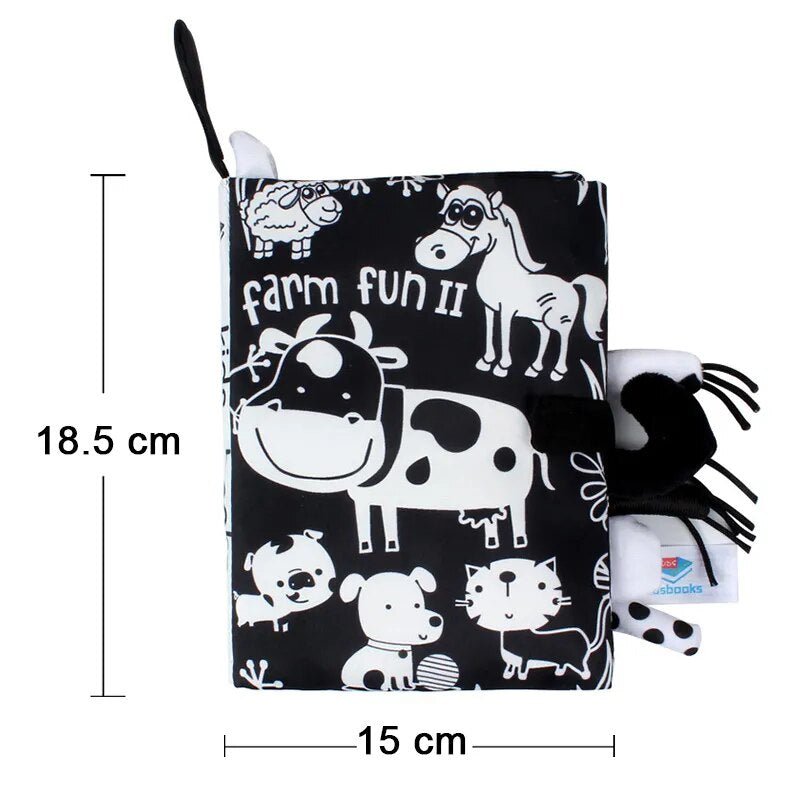 Black and white animal tail cloth book pouch with dimensions for high-contrast baby play.