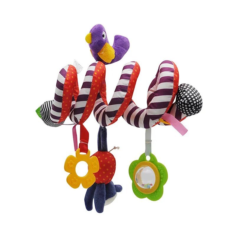 Colorful baby toy with striped ribbons and various attachments 