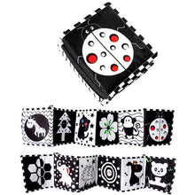 Black and white contrast cloth book hung as a stroller toy for outings and visual stimulation.