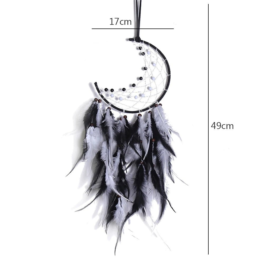 Black and white rattan dream catcher shown with a traditional size chart for wall decor.
