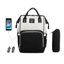 Black and white USB Mummy Maternity Nappy Bag with charging port for hospital bags, travel, and busy days out.
