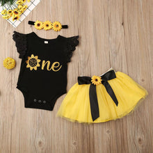 3Pc Lace Ruffle Romper black and yellow sunflower one bodysuit and tulle skirt set for first birthday outfits.