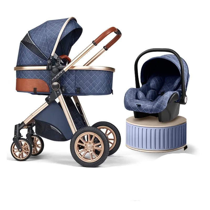 Blue 3-in-1 baby stroller and car seat travel system combo for newborn outings and stroller walks.