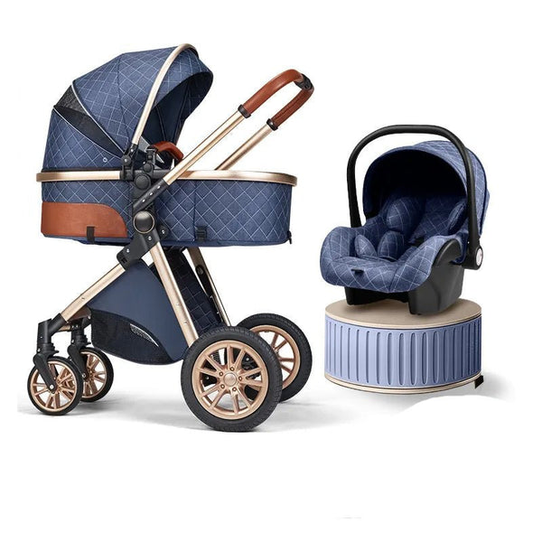 Blue 3-in-1 baby stroller and car seat travel system combo for newborn outings and stroller walks.