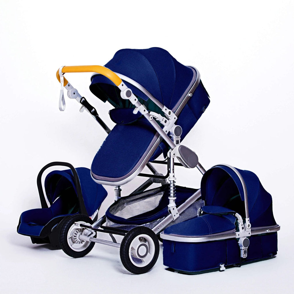 Blue 3-in-1 baby stroller with canopy and bassinet shown in folding travel position.