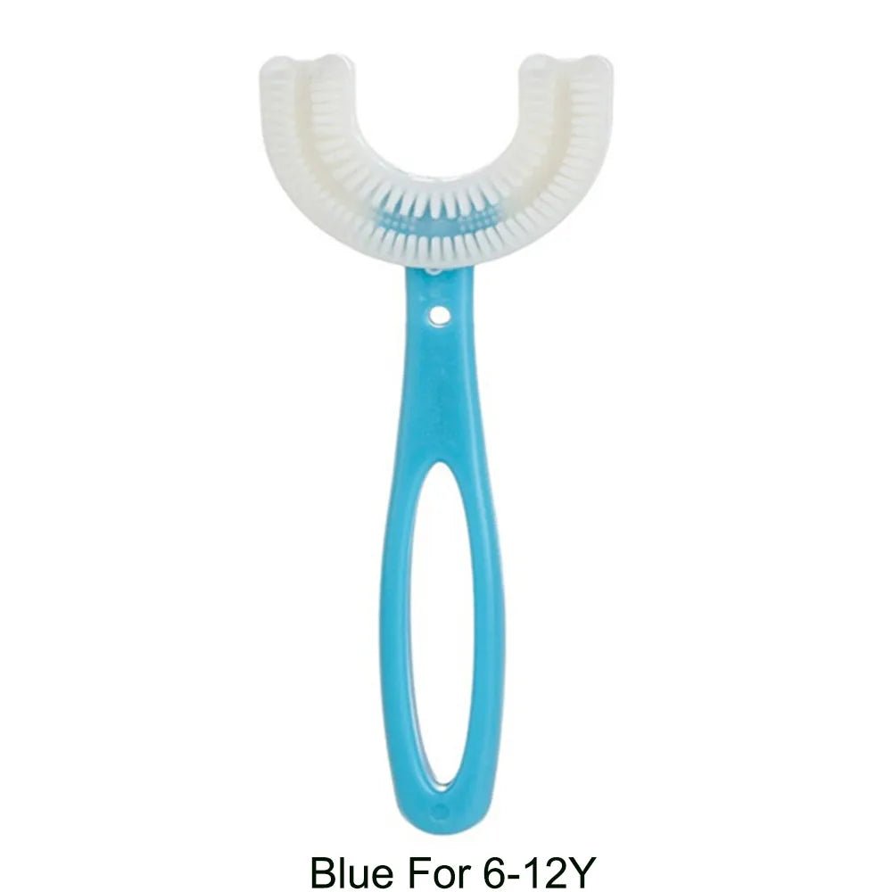 Blue 360-Degree U-Shaped silicone toothbrush for boys brushing morning and night.