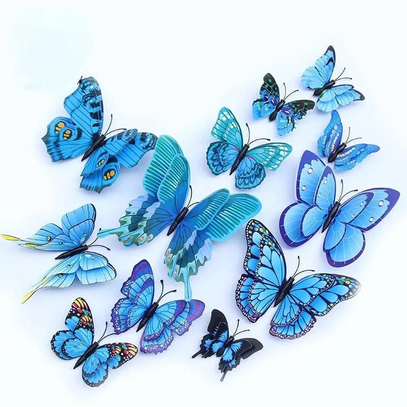 Blue 3D double layer butterfly wall magnets for calm bedroom decor and craft display boards.