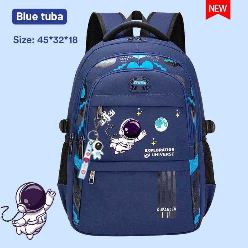Blue astronaut boys school backpack with padded straps that ease shoulder pressure for primary pupils.