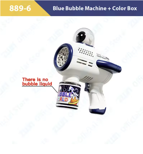 Blue Astronaut Bubble Gun Machine in a boxed gift pack for kids birthdays, party favours, and holiday presents.