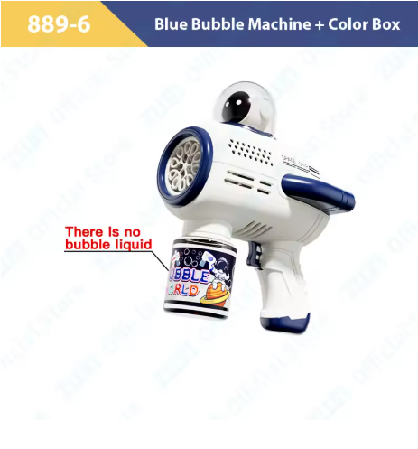 Blue Astronaut Bubble Gun Machine in a boxed gift pack for kids birthdays, party favours, and holiday presents.