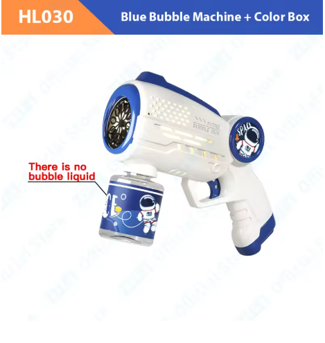 Blue Astronaut Bubble Gun Machine with refill solution canister for long bubble sessions at parties and playdates.