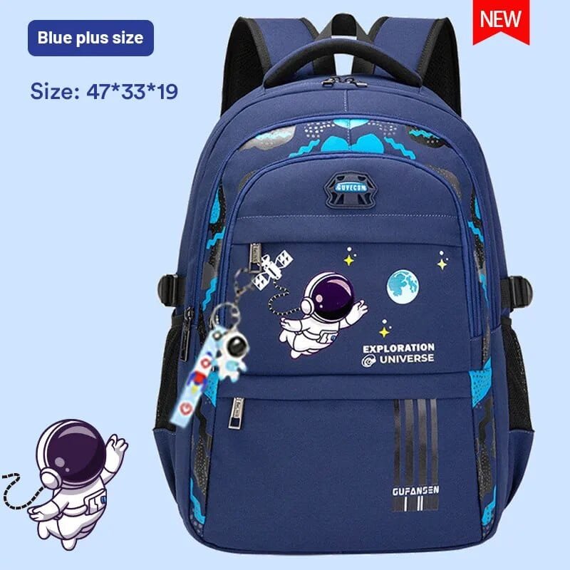 Blue astronaut graphic orthopedic kids backpack sized for school books, folders, and water bottles.