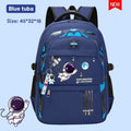 Blue astronaut print kids school backpack with orthopedic support for carrying textbooks comfortably.