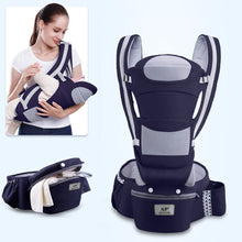 Blue baby carrier in three carrying positions for newborn cradling, front facing and hip carrying.