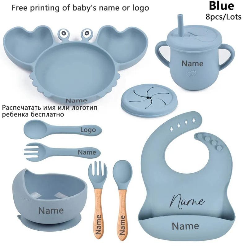 Blue baby crab dining set with bowl, cup, and utensils, a complete feeding kit for weaning and toddler meals.
