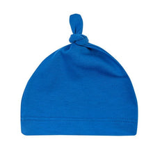 Blue baby knot beanie in cotton as a sleep cap for toddler bedtime and daily nursery routines.