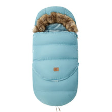 Blue baby stroller footmuff with fur trim for winter outdoor warmth during park walks, shopping trips, and nursery drop-offs.