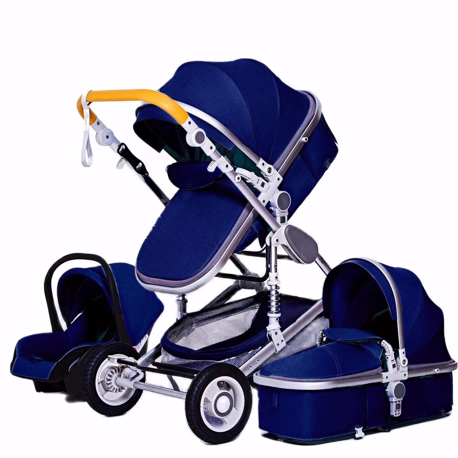 Blue 3-in-1 baby travel pram shown with included stroller accessories.