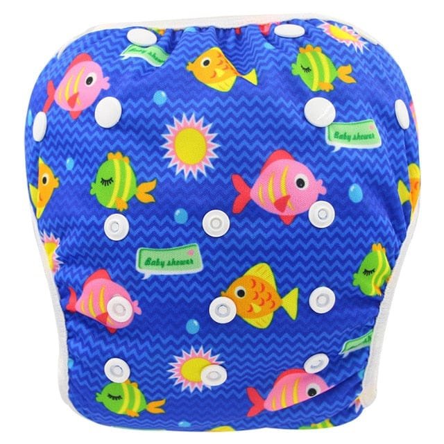Blue fish print baby swim diaper, a waterproof adjustable swim nappy for infant swim lessons and family beach trips.