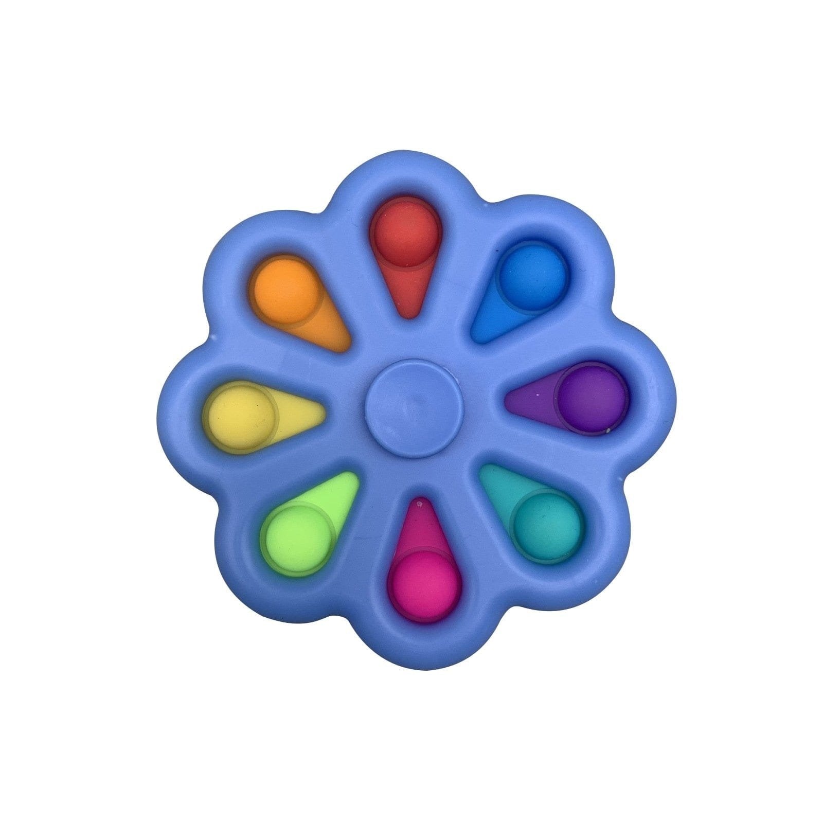 Push pop fidget spinner with a blue base for sensory play and stress relief.