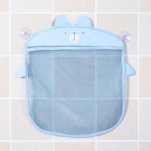 Blue bear mesh bath toy organizer bag mounted on a bathroom wall for tidy storage.