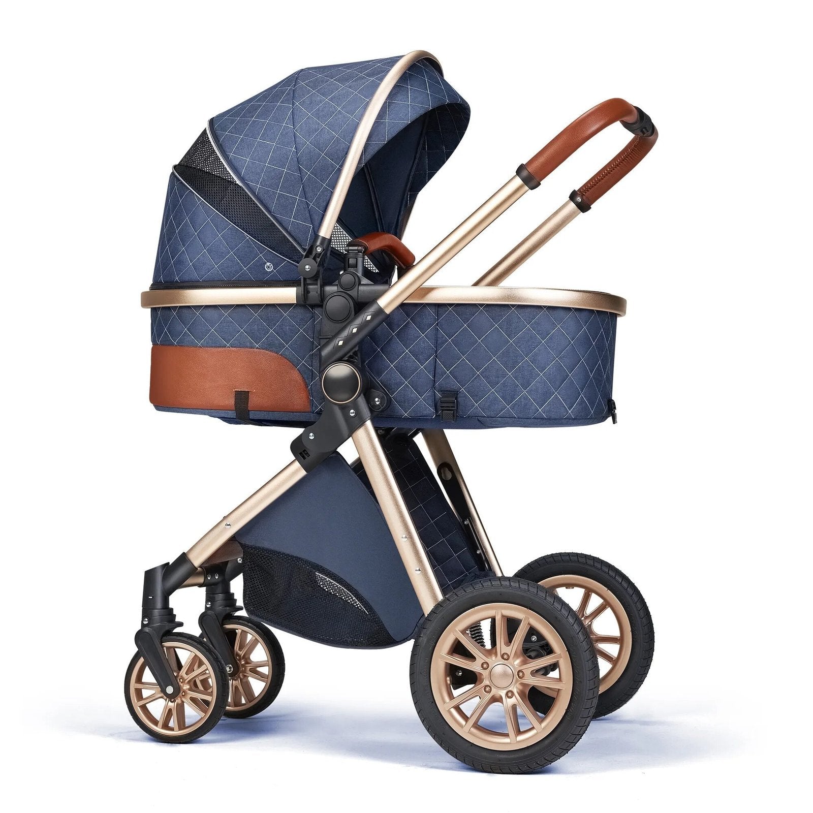 Blue and beige 3-in-1 baby stroller with reversible seat for parent-facing and forward-facing rides.