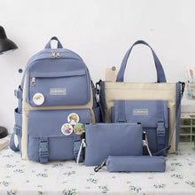 Blue and beige Kawaii laptop backpack set styled on floral fabric for teen girls preparing for a new school term.