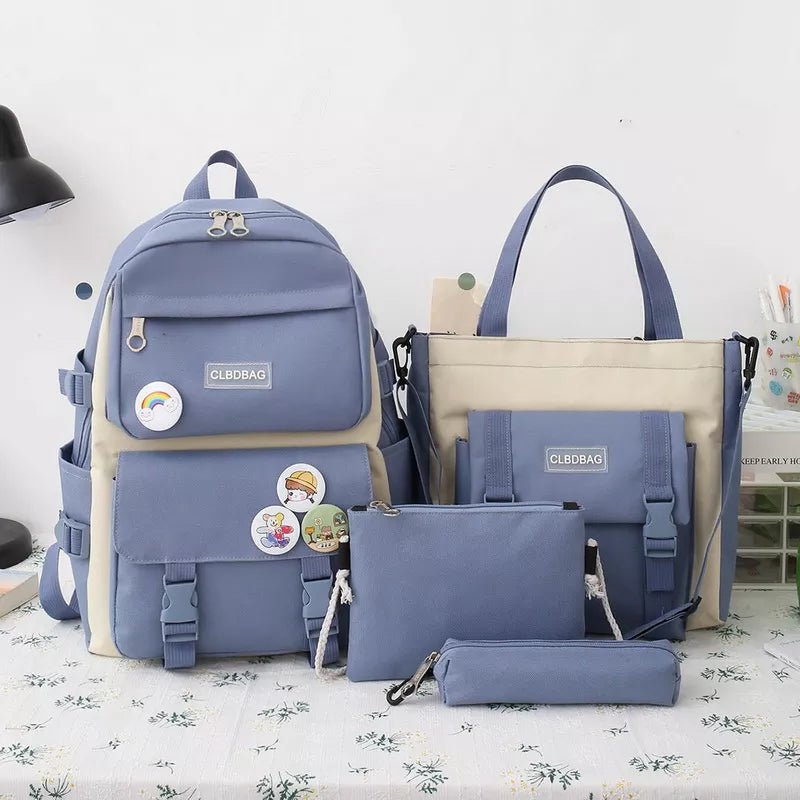 Blue and beige Kawaii school bag set styled on floral fabric for teen girls heading to class or weekend outings.
