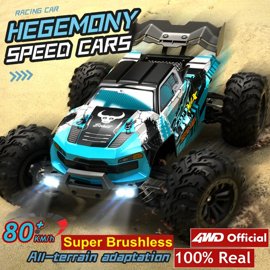 Blue and black 4WD RC off-road drift car, a remote control racing toy for park tracks, driveways, and drift practice.