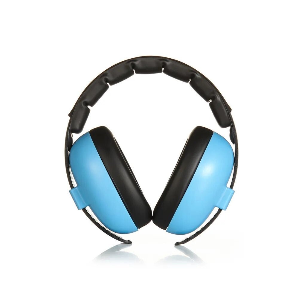 Blue and black baby ear protection earmuffs for travel and outings.