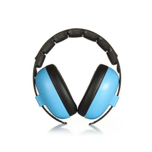 Blue and black infant ear plugs and earmuffs for quiet sleep in noisy environments.