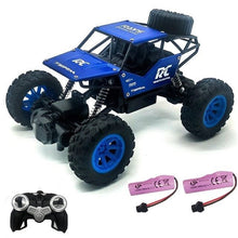 Blue and black high-speed RC monster truck with remote and batteries for fast outdoor driving and family races.