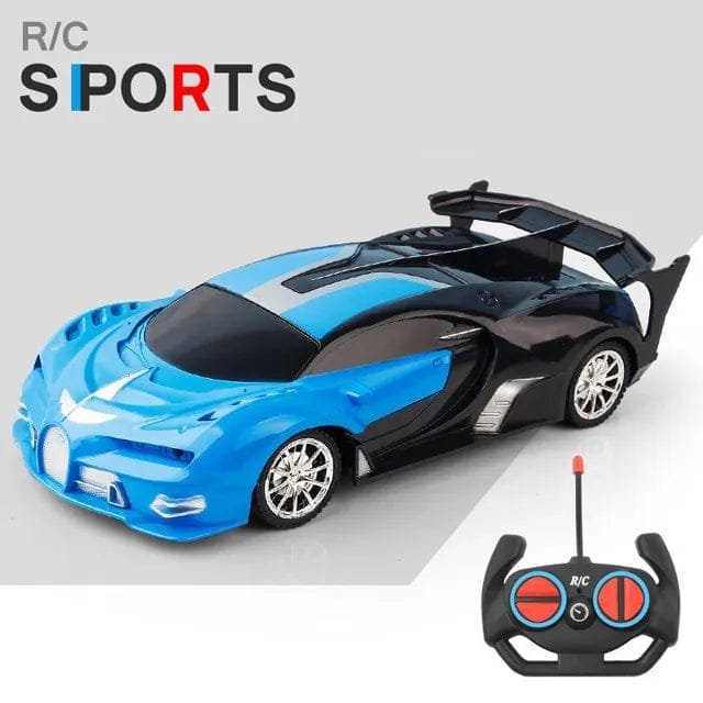 Blue and black RC sports drift car with remote and LED lights for outdoor high-speed racing.