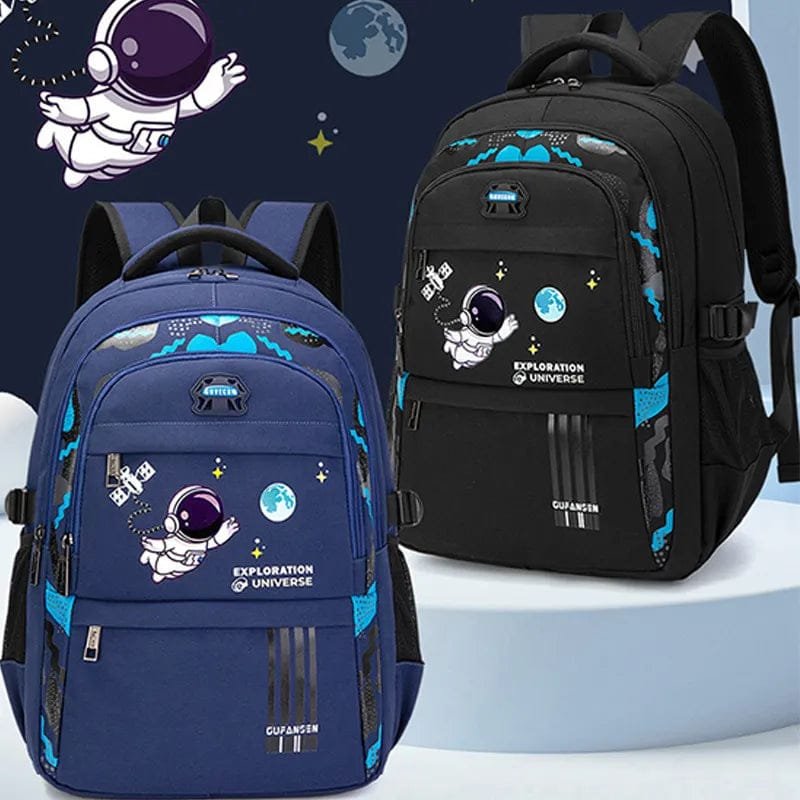 Blue and black space design orthopedic school backpacks for boys, compared side by side for daily book carrying.