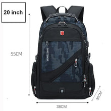 Waterproof 17 Inch Laptop Backpack in blue camouflage with dimensions to check capacity before travel and study.