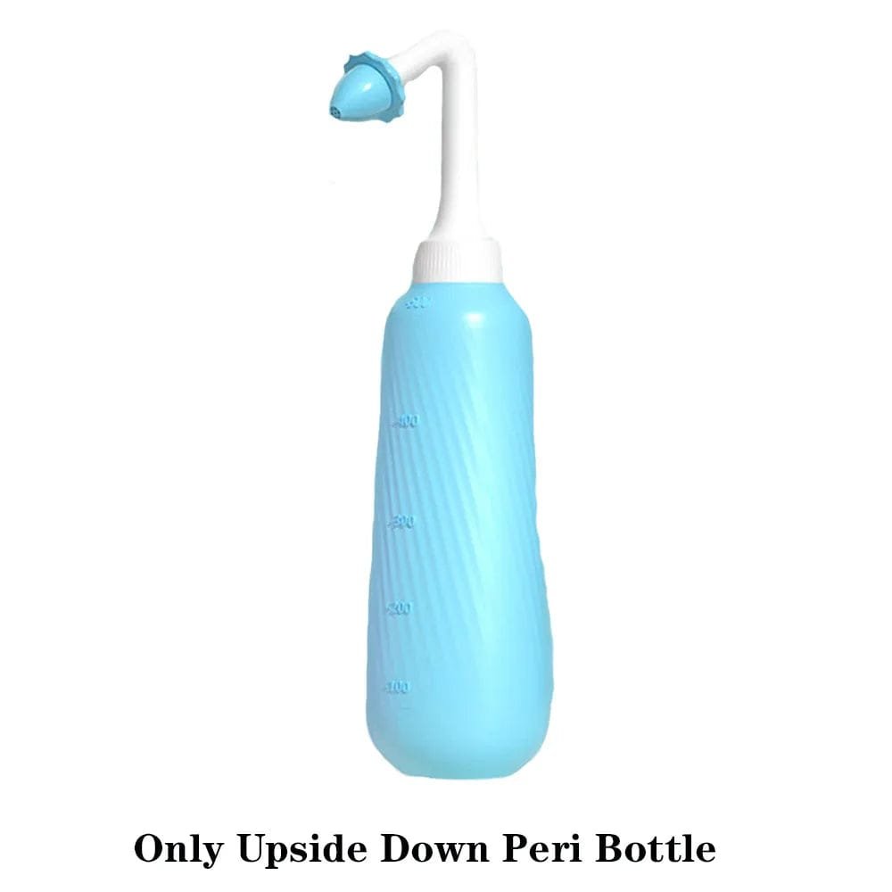 Blue capped peri bottle for postpartum cleansing, sealing neatly for travel and hygienic bathroom storage.