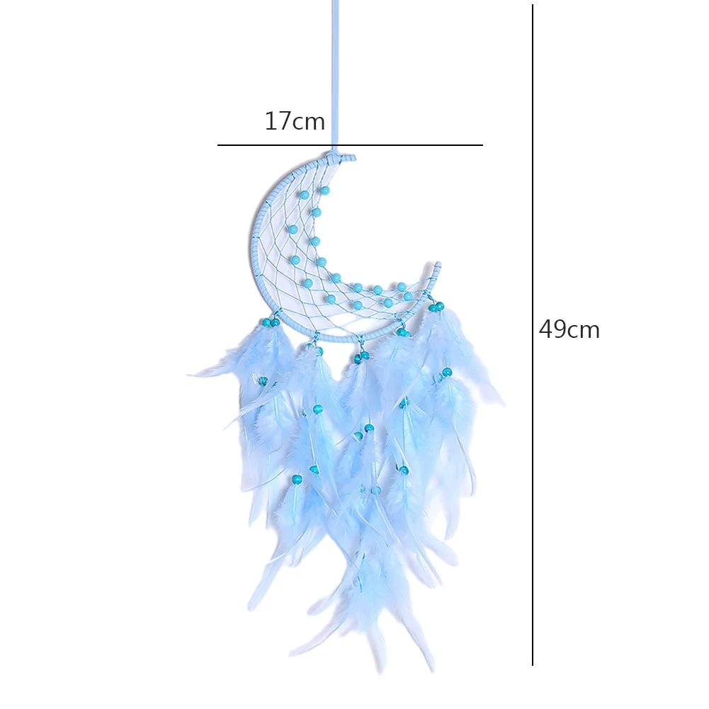 Blue crescent moon dream catcher pictured with a size chart for nature-inspired decor.