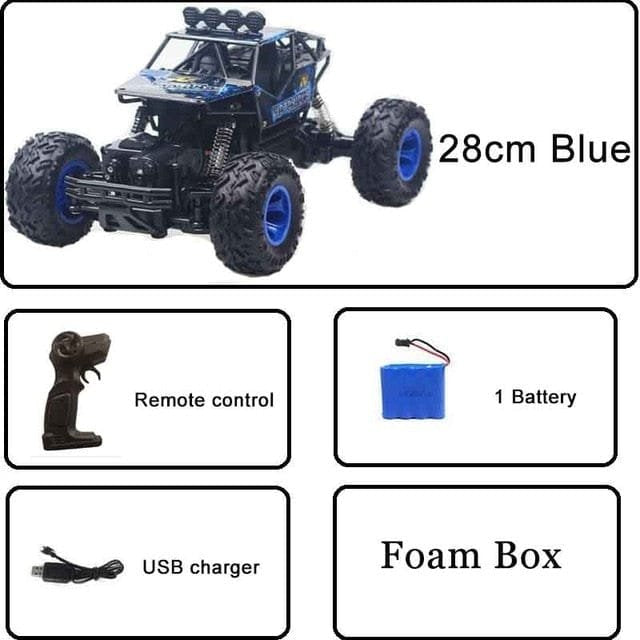 Blue electric RC off-road truck boxed with accessories, a kids set for garden racing and outdoor adventures.