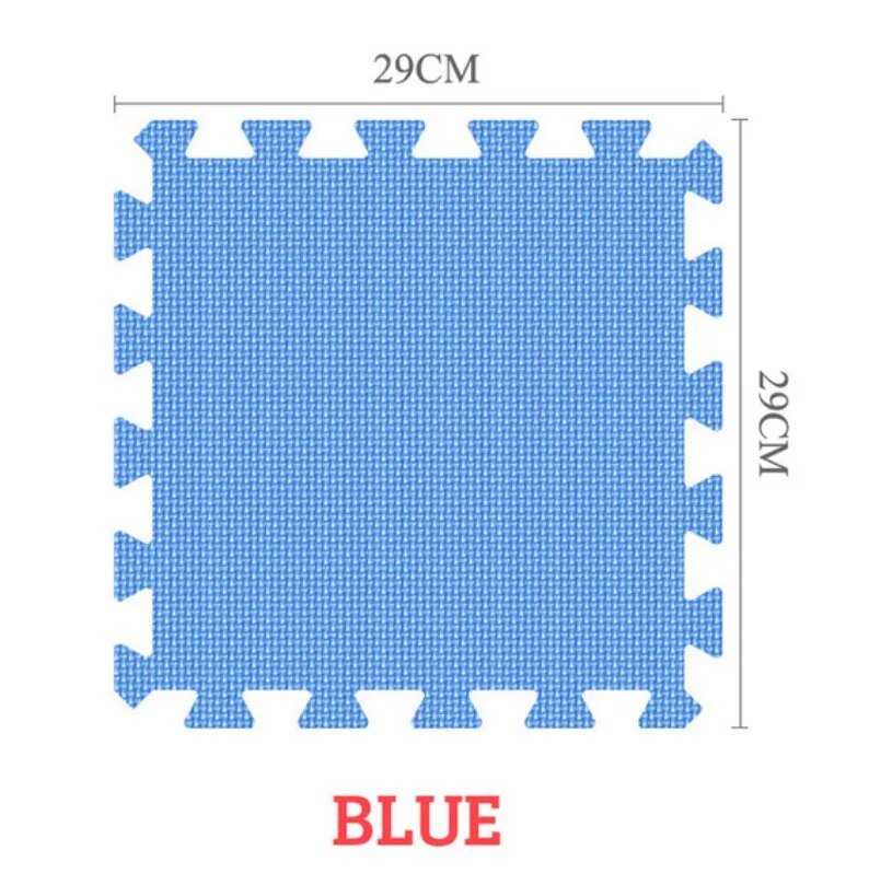 Blue EVA foam puzzle mat tile with dimensions and color label for choosing a play mat set.