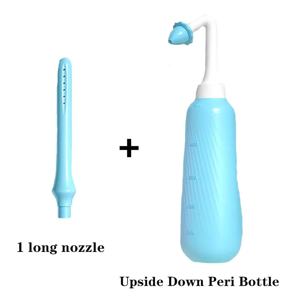 Blue extended nozzle peri bottle for postpartum perineal cleansing during showers and bathroom routines.