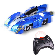 Blue flame anti gravity RC car with stunt mode and remote for indoor wall climbing races.